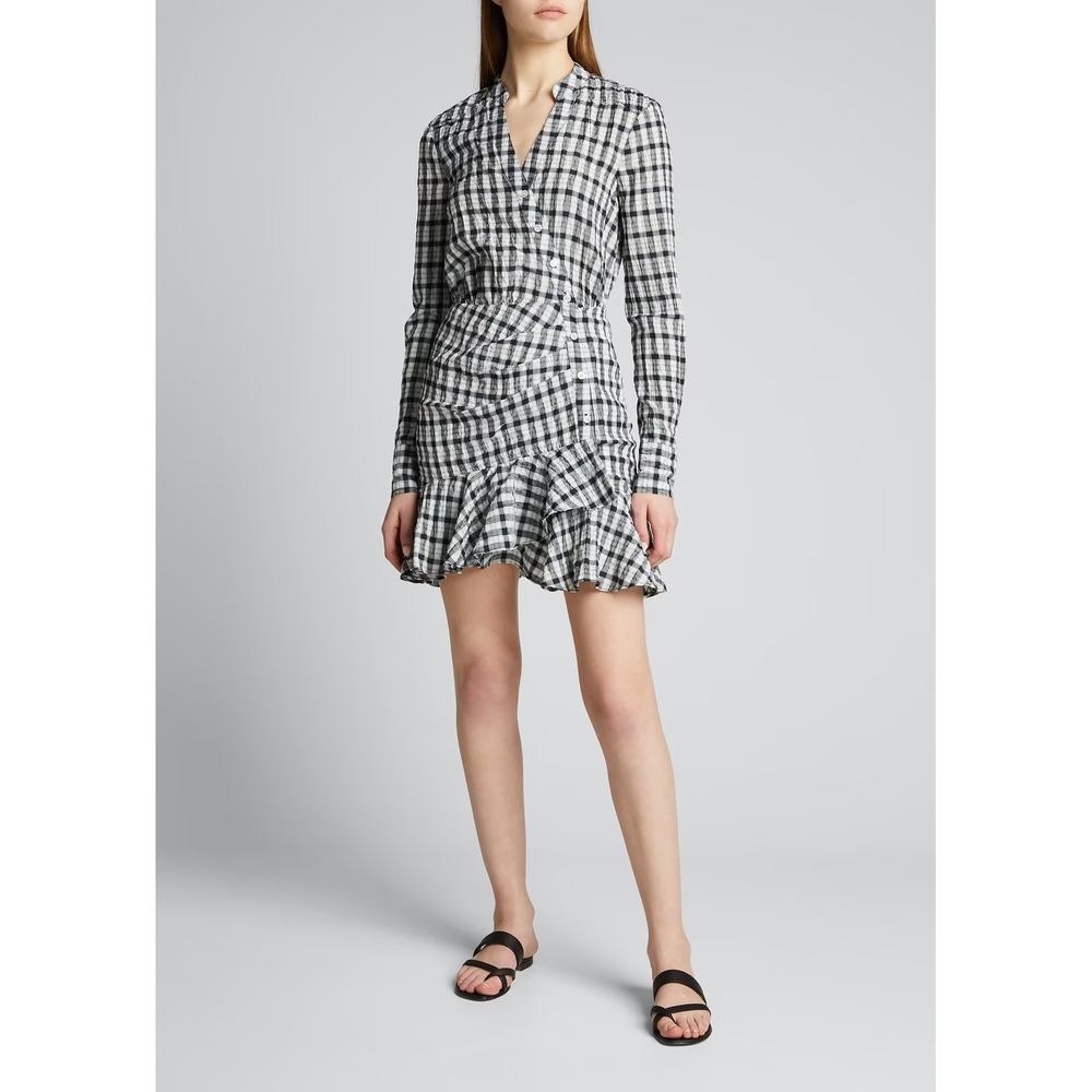 Veronica Beard Womens Gingham Ruffle Hem Button Front Mini Dress Navy White L